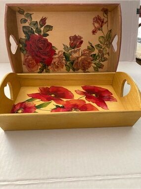 Set of Two Handcrafted Floral Serving Trays . Great for Summer.